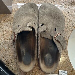 Beige Suede Birkenstock Boston clogs